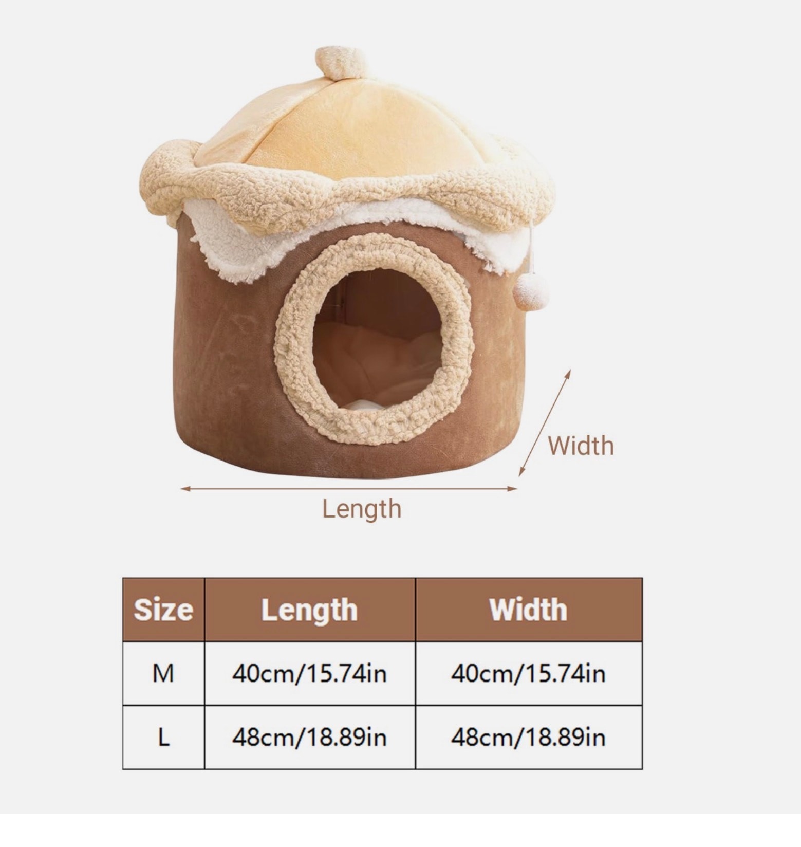 Anxiety cat cave size dimensions — Medium 40x40cm, Large 48x48cm