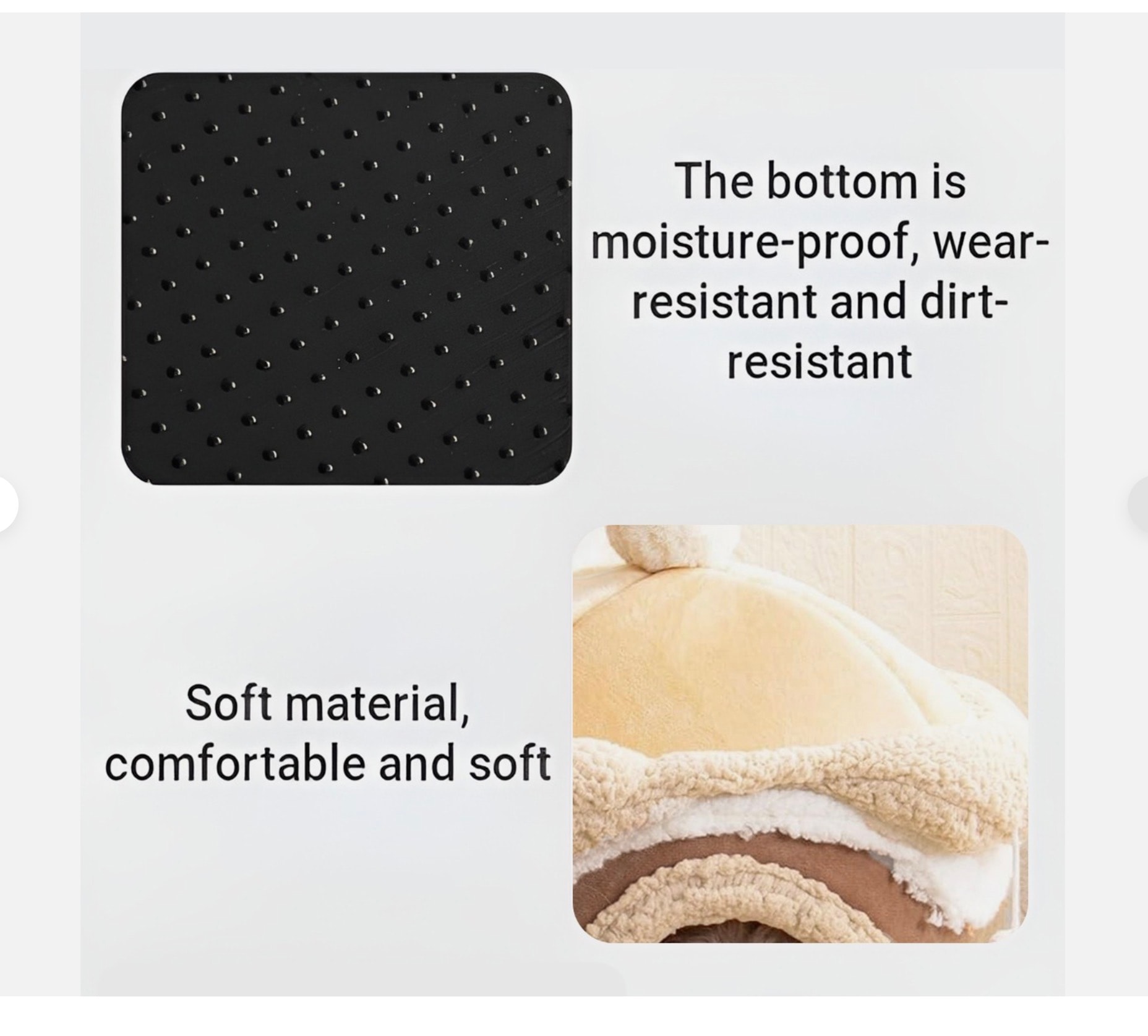 Anxiety cat cave materials — non-slip base and soft sherpa layers