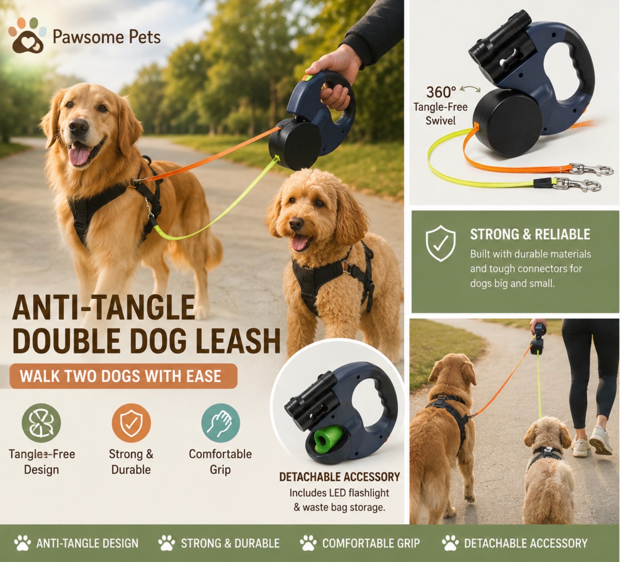 Anti-tangle double dog leash swivel connector close up detail