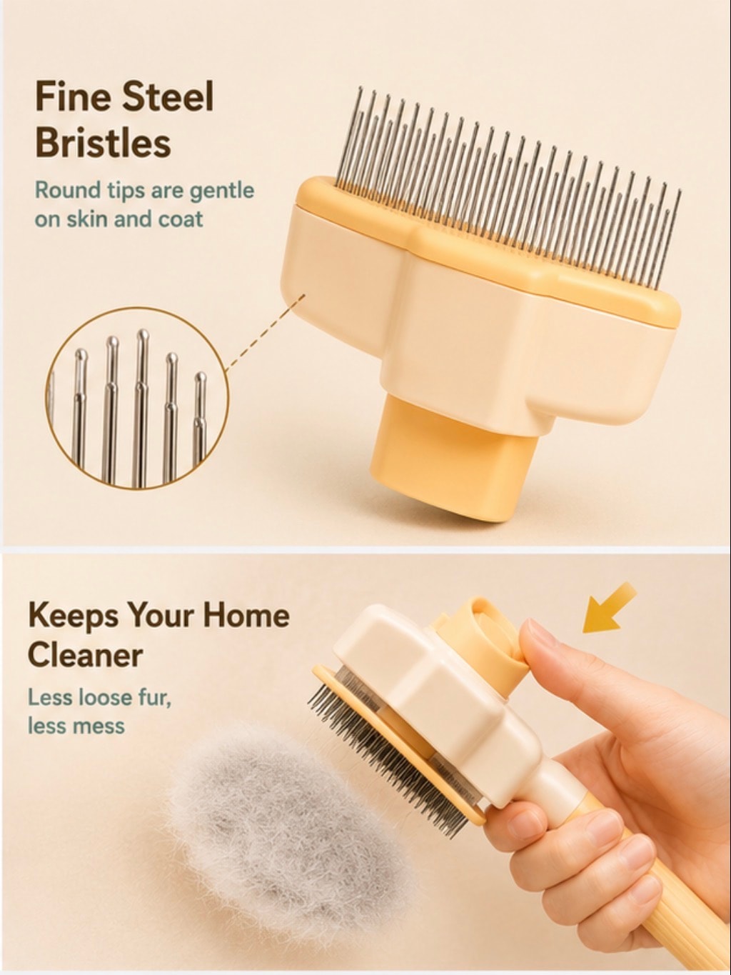 Person grooming cat with brush at home